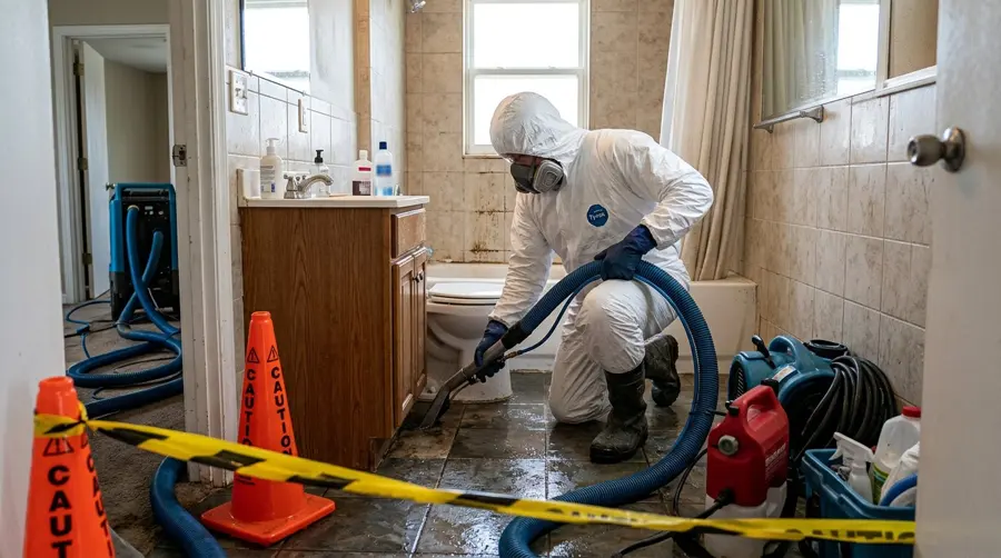 Category 3 black water sewage cleanup crew in protective gear in a Stamford, CT home