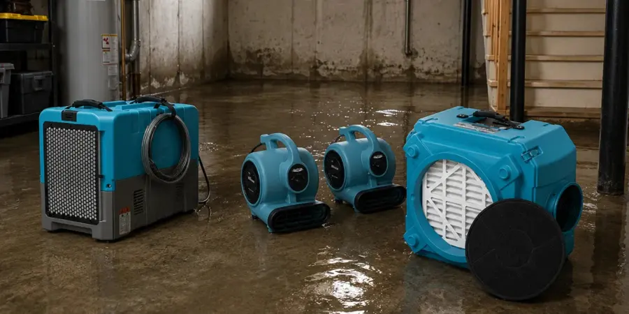 Air movers and dehumidifiers drying a room in a Stamford, CT home
